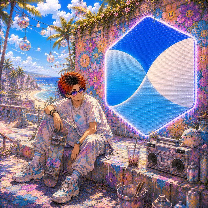 A vibrant anime-style illustration of a young person with colorful hair sitting next to a large blue Sui logo mural, surrounded by flowers, a boombox, and a coastal view.