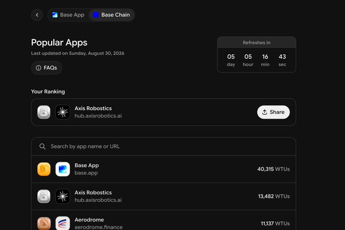 A screenshot of the 'Base App' website displaying 'Popular Apps' from August 30, 2026, with 'Axis Robotics' listed in 'Your Ranking' and a search bar showing 'Base App' with 40,315 WTUs.