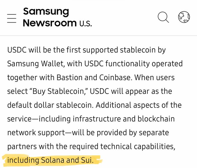 Samsung Newsroom article stating USDC will be the first supported stablecoin by Samsung Wallet, operated with Bastion and Coinbase, with blockchain support including Solana and Sui.