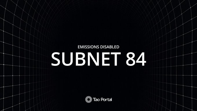 The image features a poster with a large text reading "EMISSIONS DISABLED SUBNET 84" against a black and white background, resembling a tunnel or a black grid pattern. The content of this image appears to be related to environmental issues and concerns regarding internet emissions. There is also a small logo in the bottom right corner that reads "TAO Portal". The poster may have been posted on social media or other platforms to raise awareness about reducing internet-related emissions, drawing attention to an important issue for the environment and society as a whole.