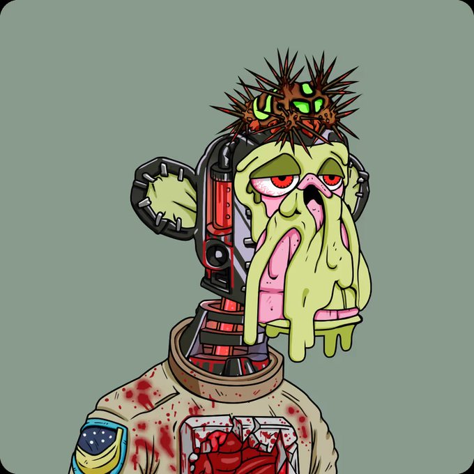 The image features a cartoon character with a face, dressed as a robot or machine wearing a helmet that has blood dripping from it. The character appears to be in distress or pain due to the blood coming out of its head. The caption below the image reads "hmm it's Monday. but if you're holding a Mutant... it's Happy Mutant Monday #MAYC #ApeCoin". This suggests that the character might have been involved in an accident, and the blood dripping from its head indicates some form of injury or harm.
