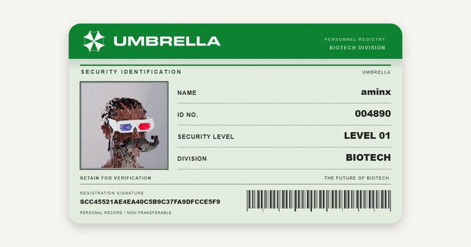 A green and white 'UMBRELLA' security ID card from the Biotech Division shows the name 'aminx', ID '004890', and 'LEVEL 01' alongside a pixelated avatar.