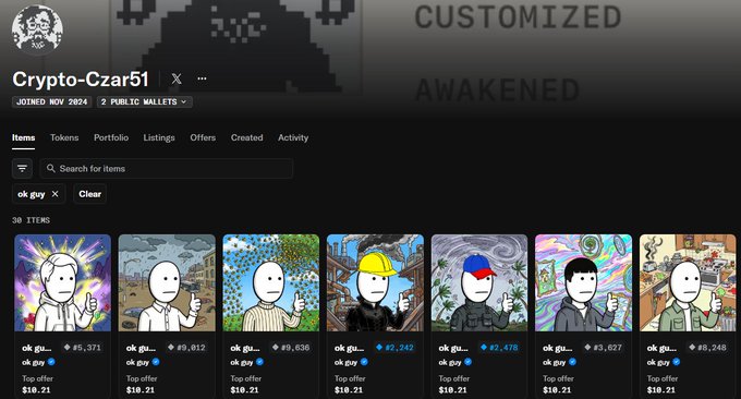 The image shows the OpenSea profile page for "Crypto-Czar51," who joined in November 2024 and has 2 public wallets, displaying their NFT collection called "ok guy" with 38 items priced at 85,371. The post highlights that this collector has been making notable purchases ("floor sweeps") and is being welcomed into the "OK community," referencing the user's acquisition of these "ok guy" NFTs visible in their collection.