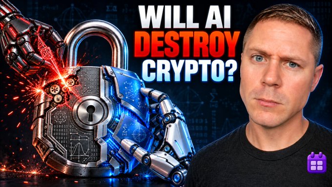 A YouTube thumbnail features a man's face next to a robotic hand holding a glowing padlock, with bold text reading 'WILL AI DESTROY CRYPTO?'.