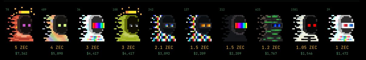 A row of pixelated characters with varying colored eyes is displayed against a black background, each labeled with different 'ZEC' values (ranging from 1 to 5) and corresponding dollar amounts.