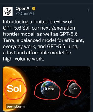 The image shows an OpenAI tweet announcing "GPT-5.6 Sol, GPT-5.6 Terra, and GPT-5.6 Luna" models, with the three names circled in red. The caption humorously references crypto PTSD because "Sol," "Terra," and "Luna" are also the names of infamous failed cryptocurrencies—SOL (Solana), Terra, and Luna—which suffered massive crashes, making the AI model names an unfortunate coincidence for crypto investors.