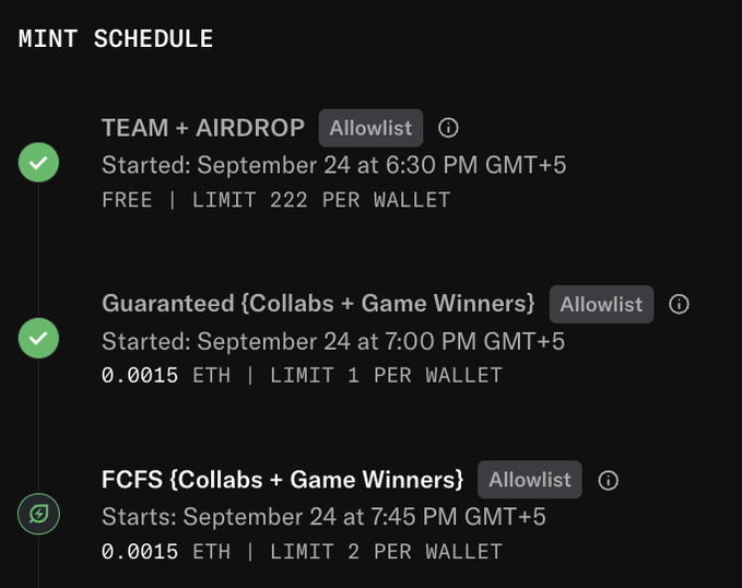The image displays a mint schedule with three phases: Team + Airdrop (free, limit 222 per wallet) and Guaranteed {Collabs + Game Winners} (0.0015 ETH, limit 1 per wallet) both marked as started, alongside an upcoming FCFS {Collabs + Game Winners} phase (0.0015 ETH, limit 2 per wallet) starting September 24 at 7:45 PM GMT+5. The 0.0015 ETH price shown supports the post's update correcting the mint price after an OpenSea glitch, reassuring affected minters they'll be refunded for the previous 0.004 rate.