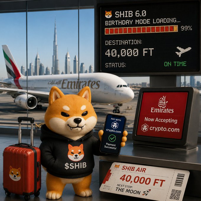 A 3D-rendered Shiba Inu mascot wearing a '$SHIB' hoodie holding a phone showing a successful crypto.com payment, standing next to a red suitcase, an Emirates ticket to 'THE MOON' at '40,000 FT', and a digital display reading 'SHIB 6.0 BIRTHDAY MODE LOADING...' with 'ON TIME' status.