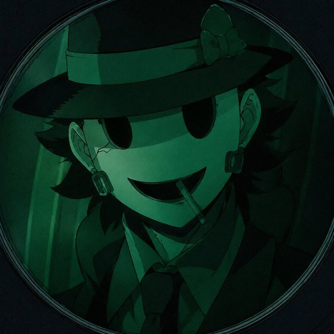 An anime-style illustration depicts a character with a wide grin, wearing a fedora and an eyepatch, rendered entirely in shades of dark green.