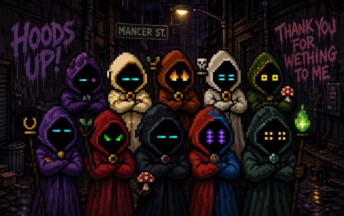 Pixel art showing hooded characters with glowing colorful eyes, with text reading 'HOODS UP!' and 'THANK YOU FOR WETHING TO ME' alongside a 'MANCER ST.' sign.