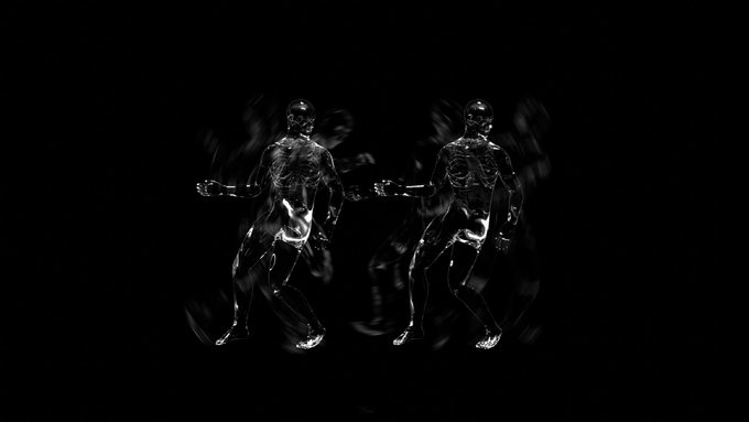 Two mirrored digital figures of a man playing guitar appear in white against a black background, creating a symmetrical visual effect.