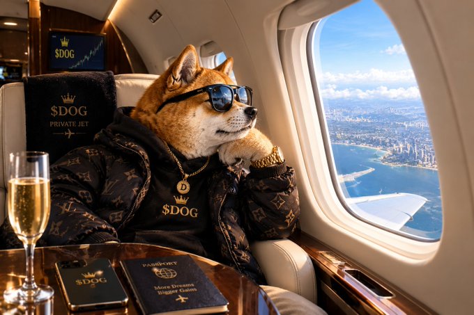 A Shiba Inu dog wearing sunglasses, a Louis Vuitton-style monogram jacket and gold chain, sits on a private jet with $DOG branding, a champagne glass, and a passport labeled "Meme Dreams Bigger Gains" on the table.
