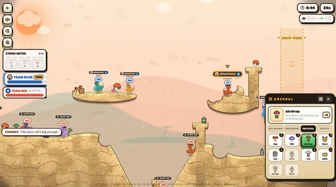 Screenshot of a 2D multiplayer artillery game featuring cartoon characters with usernames like 'ChadMaxX', 'CryBrum', and 'SD-Slurpy', showing a 'STRIKE METER', team scores, and an 'Airdrop' arsenal menu on the right.