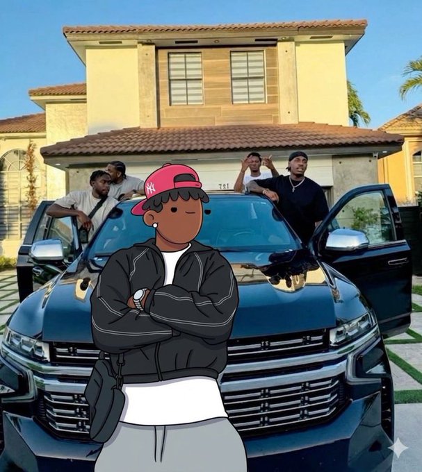 A photo featuring a cartoon avatar character with a red cap and gray jacket standing in front of a black luxury SUV with several men posing behind it, set against a large Mediterranean-style house.
