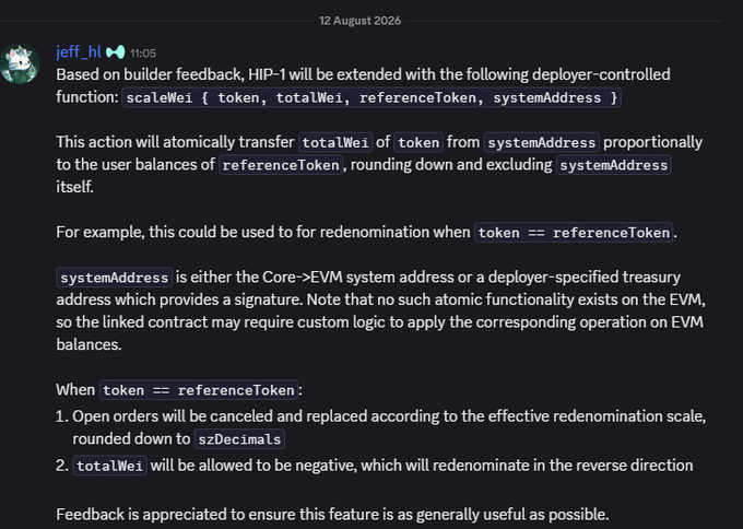 A Discord message from jeff.hl dated 11:05 on 12 August 2026 discussing HIP-1 extension with a deployer-controlled scaleWei function for HIP-1.