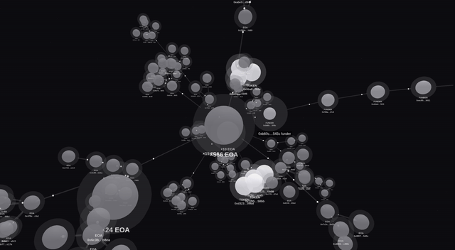 A 3D network visualization on a black background displays interconnected circular nodes of varying sizes representing 703 wallets, with visible labels including "1 EOZ", "24 EOA", "60 EO", "114596 EOA", "147 EO", and "5a0e536...Etha Sender," illustrating the funding network of one Ethereum scam deployer traced across 13 funders and 8 tokens on-chain.