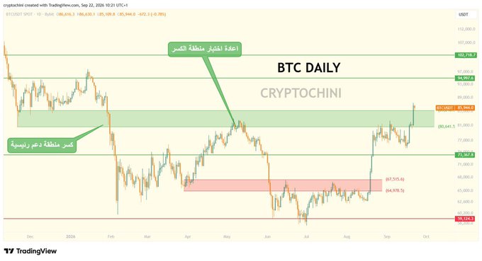 A BTC/USDT daily crypto chart from TradingView by 'cryptochini' showing price action with Arabic text annotations marking key resistance and supply zones around $87,000-$105,000.