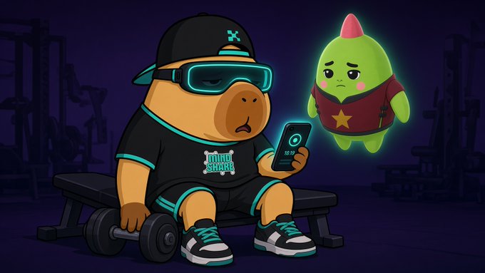 A cartoon illustration of a bear character wearing sunglasses, a cap, and a 'MIND SHARE' t-shirt, lifting dumbbells while looking at a phone, next to a floating green character with a pink mohawk wearing a star shirt.