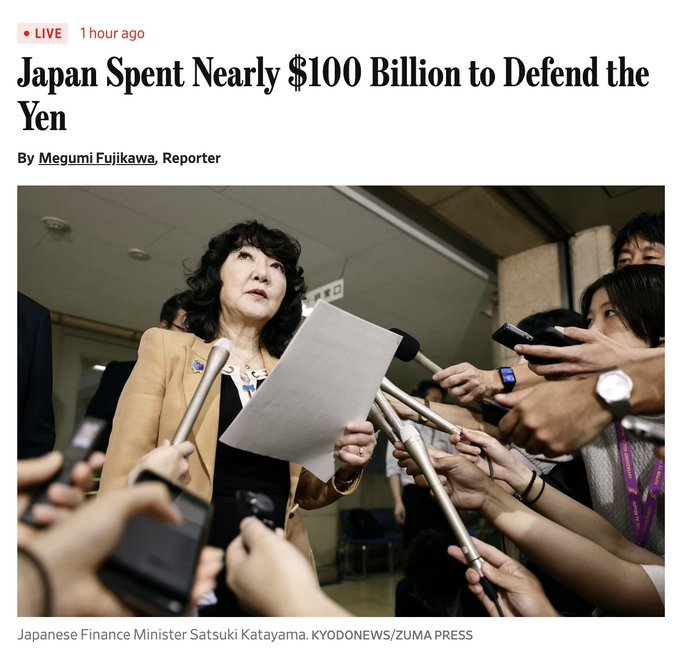 A news article titled 'Japan Spent Nearly $100 Billion to Defend the Yen' by Megumi Fujikawa, featuring a photo of Japanese Finance Minister Satsuki Katayama speaking to reporters holding microphones and papers.