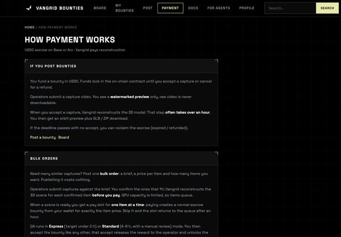 A dark-themed Vangrid Bounties webpage titled “HOW PAYMENT WORKS” explains payment for posted bounties and bulk orders, including escrow, captures, SLB/ZIP downloads, and payout steps.