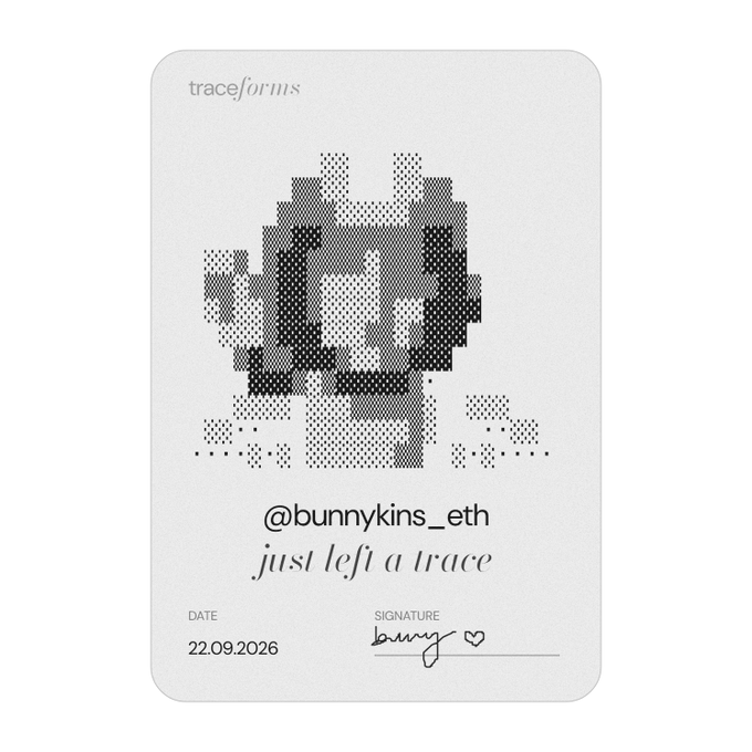 A digital art card titled 'traceforms' showing a pixelated/dotted rabbit design with text '@bunnykins_eth just left a trace', dated 22.09.2026, and a signature.