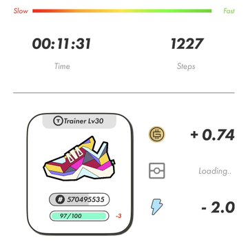 A fitness/step tracking app screen showing 00:11:31 time, 1227 steps, a Trainer Lv30 shoe NFT, with rewards +0.74 and a lightning cost of -2.0.