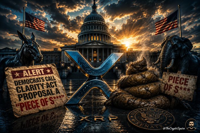 The image depicts the U.S. Capitol at sunset, flanked by a Democratic donkey and a Republican elephant, with a large XRP symbol in the center and signs reading "ALERT: DEMOCRATS CALL CLARITY-ACT PROPOSAL 'PIECE OF S***'" and "PIECE OF S***," visually representing the heated political standoff over the CLARITY Act between Democrats and Republicans.