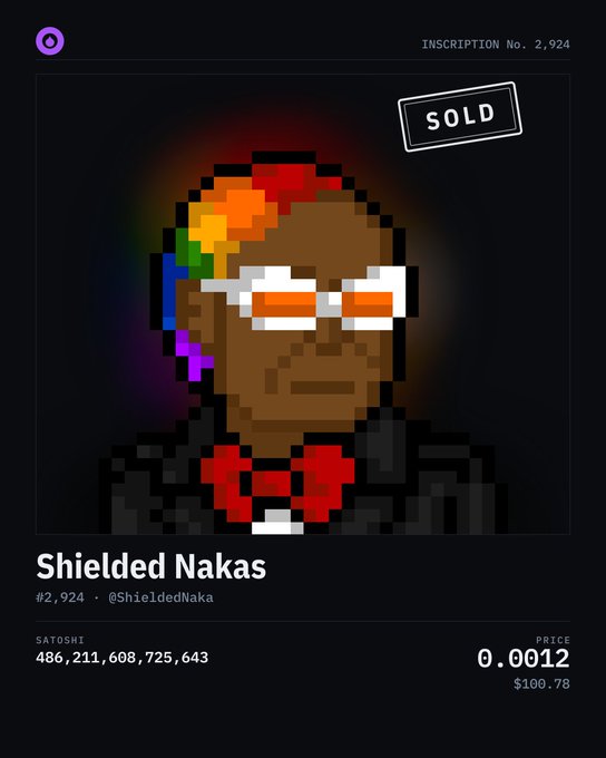 A digital NFT listing for pixel art titled 'Shielded Nakas' (Inscription No. 2,924) showing a character with sunglasses and a bow tie, marked as 'SOLD' for 0.0012 BTC ($100.78).