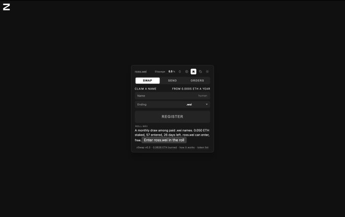 A dark-themed registration modal displays "Z" branding in the corner, offering "CLAIM A NAME" for "0.0505 ETH A YEAR" with options to Swap, Send, or Orders, alongside a WEI name registration entry form and a "ROLLING" lottery notice. The interface corresponds to the post's announcement of WEI name registration and a lottery feature for the new zswap platform.