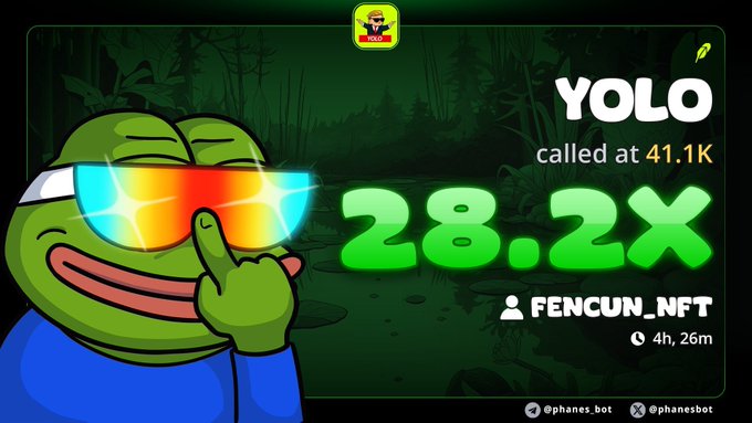 A meme image featuring a Pepe the Frog character with glowing rainbow sunglasses, advertising a 'YOLO' token that was 'called at 41.1K' with a '28.2X' gain by user 'FENCUN_NFT' from the @phanes_bot account.