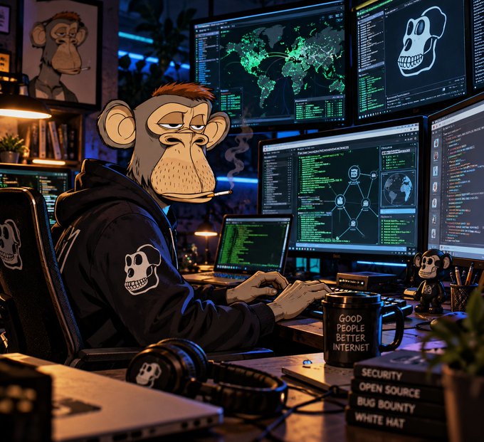 A cartoon monkey in a skull hoodie works at a multi-monitor hacker station displaying code, network maps, and a skull logo, surrounded by "Good People Better Internet" and "Security Open Source Bug Bounty White Hat" labeled items—fitting the tweet's portrayal of a security-focused developer's cyber-themed workstation.