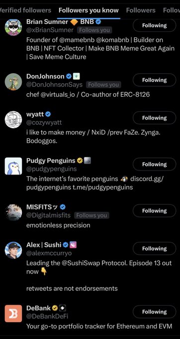 A screenshot of an X (Twitter) "Followers you know" list showing accounts like Brian Sumner (@xBrianSumner), DonJohnson (@DonJohnsonSays), wyatt (@cozywyatt), Pudgy Penguins (@pudgypenguins), MISFITS (@Digitalmisfits), Alex | Sushi (@alexmccurryo), and DeBank (@DeBankDeFi). The image does not appear related to a post about "Ath 70k," as it simply displays a user's follower suggestions without any reference to that text or price milestone.