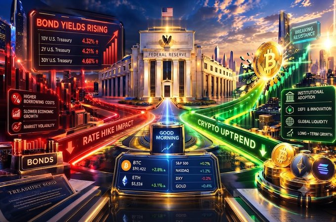 A financial infographic depicting rising bond yields and the Federal Reserve alongside a green 'CRYPTO UPTREND' chart, highlighting BTC, ETH, S&P 500, and NASDAQ movements, with text about market volatility and rate hike impacts.