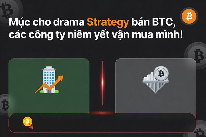 The image displays a Vietnamese headline "Mục cho drama Strategy bán BTC, các công ty niêm yết vẫn mua mình!" alongside two icons—a building with an upward arrow representing companies, and a Bitcoin logo over a descending chart—illustrating how listed firms continue accumulating Bitcoin despite speculation about Strategy selling its holdings.