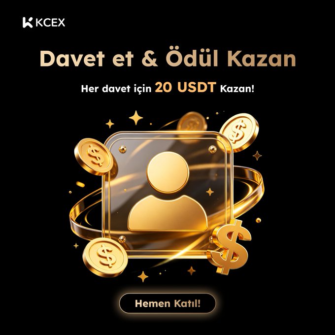 A promotional graphic from KCEX with Turkish text "Davet et & Ödül Kazan" and "Hemen Katıl!" featuring a gold 3D icon of a person surrounded by coins.