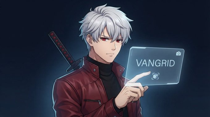 An anime-style illustration shows a silver-haired male character in a red jacket holding a sword and interacting with a transparent screen displaying the word 'VANGRID'.