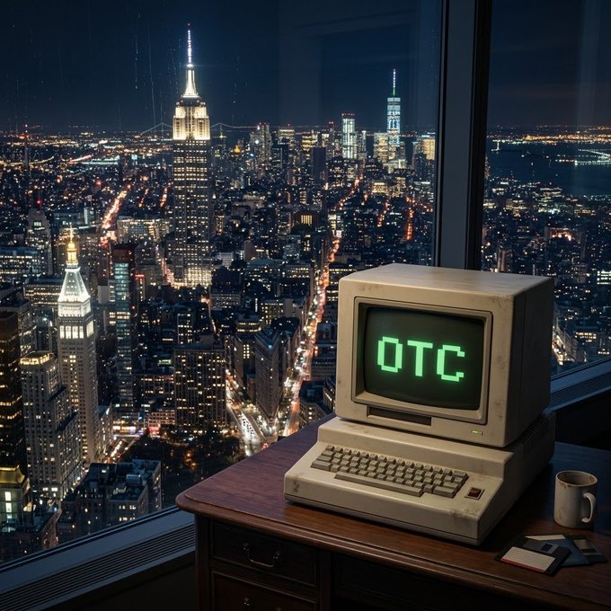 A vintage beige computer monitor displaying green "OTC" text on its screen, sitting on a wooden desk next to a coffee mug and floppy disks, overlooking a stunning nighttime view of the Manhattan skyline featuring the Empire State Building.