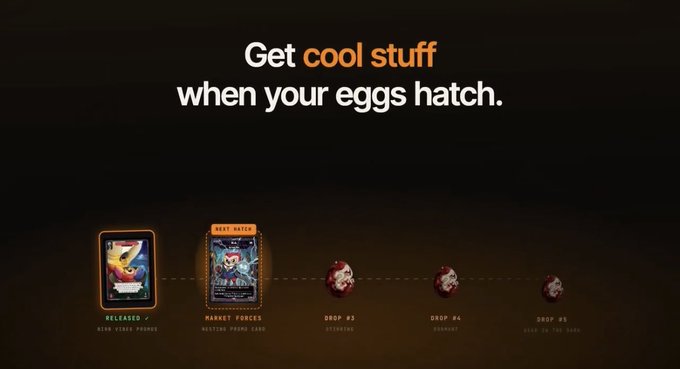 The image shows a promotional graphic titled "Get cool stuff when your eggs hatch," displaying a progression from a "RELEASED BIRD VIDEO PROMO" to a "MARKET FORCES NESTING PROMO CARD," followed by hatching stages labeled "DROP #2 STARSHIP," "DROP #4 DIAMOND," and "DROP #5 SEAT IN THE DOME." This illustrates the Moonbirds ecosystem rewards mentioned in the post, where nesting birds or holding $BIRB yields free digital and physical collectibles.