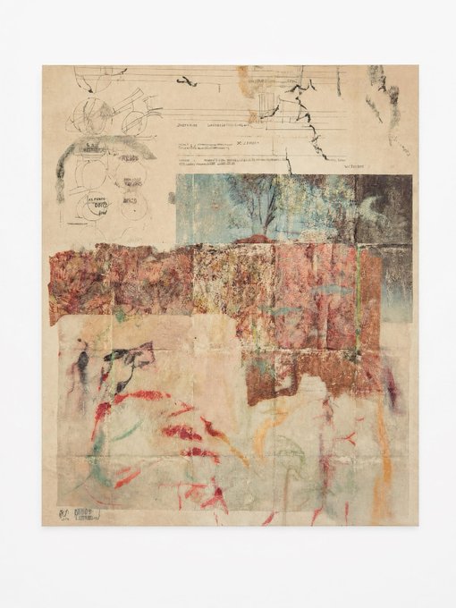 A mixed-media collage artwork on aged, parchment-like paper featuring technical diagrams, handwritten notes, and expressive washes of blue, red, brown, and green paint.