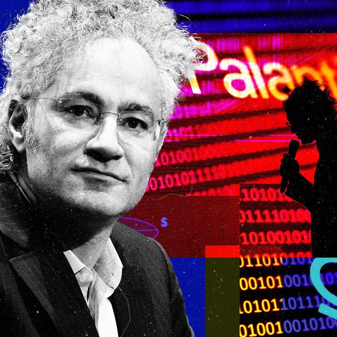 A stylized image featuring a curly-haired man in glasses (likely a financial commentator or analyst) in the foreground, with the "Palantir" logo, red digital binary code streams, and a silhouetted figure holding a microphone in the background. While the post references the ticker "ONDS," the image itself visually centers on Palantir branding, creating an ironic disconnect between the promised ticker and the displayed company name—suggesting a dramatic buildup toward a potential Palantir-related revelation or commentary.