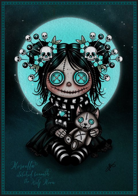 A gothic illustration of a stitched, button-eyed doll character with skull adornments in her hair holding a stitched wolf plushie against a moonlit background, captioned 'Marzella - stitched beneath the wolf moon'.