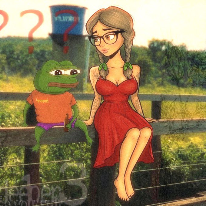 An illustration in a cartoonish style showing Pepe the Frog sitting next to a woman with glasses and a red dress on a wooden fence, with question marks and the 'Vlivendi' logo in the background.