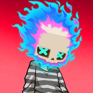A stylized cartoon skeleton character with bright blue flaming hair and X-shaped eyes wears a black and white striped shirt against a red gradient background, visually introducing the "Bonez" NFT collection teased in the post.