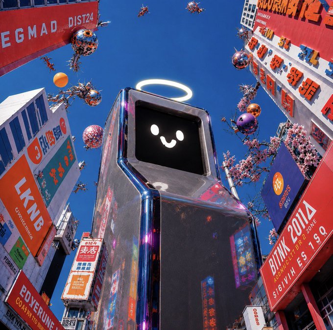 A chrome humanoid figure with a smiley face screen for a head and a glowing halo hovers amid a neon-lit, Asian-inspired cityscape filled with cherry blossoms, floating ornaments, and vibrant signage featuring "DIST24," "BIZARRE," and "2014" banners—evoking a futuristic, crypto-influenced digital art aesthetic that complements the BIG Ecosystem promotion of $PRINTER on RobinhoodApp.