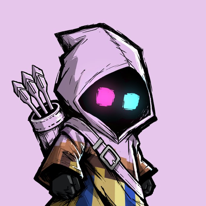 A stylized cartoon illustration of a hooded figure with glowing pink and cyan square eyes and a quiver of arrows on its back, set against a light purple background.