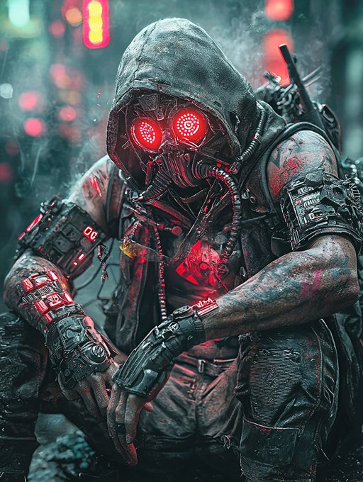 The image features a person wearing a black hoodie, goggles, and gloves while sitting down. The individual appears to be a character from a video game or movie, possibly a robot or cyborg. They are holding a gun with their hands, which is an essential element of the character's design. The background shows a city street at night, adding to the overall atmosphere of the scene.