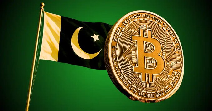 A Pakistani flag waves beside a golden Bitcoin coin against a green background, visually representing the country's growing interest in cryptocurrency, as Pakistan's crypto chief advocates for a national $BTC reserve to boost financial inclusion and economic resilience.