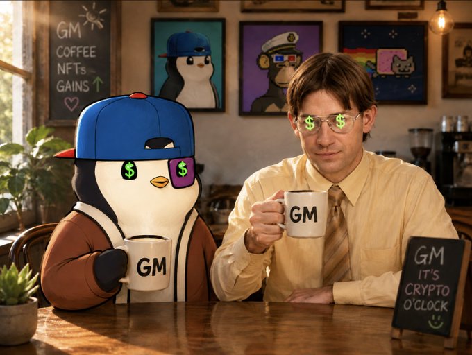A stylized scene of a man in a yellow shirt and tie holding a 'GM' mug alongside a penguin character wearing a blue cap and dollar-sign sunglasses, in a coffee shop setting with signs reading 'GM COFFEE NFTs GAINS' and 'GM IT'S CRYPTO O'CLOCK'.