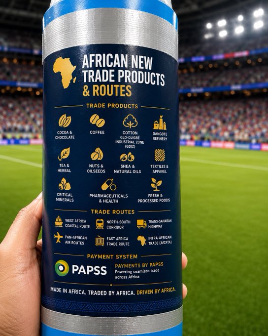 An infographic on a cylindrical container at a stadium showing African New Trade Products & Routes, including cocoa, coffee, cotton, and the PAPSS payment system, tagged 'Made in Africa. Traded by Africa. Driven by Africa.'