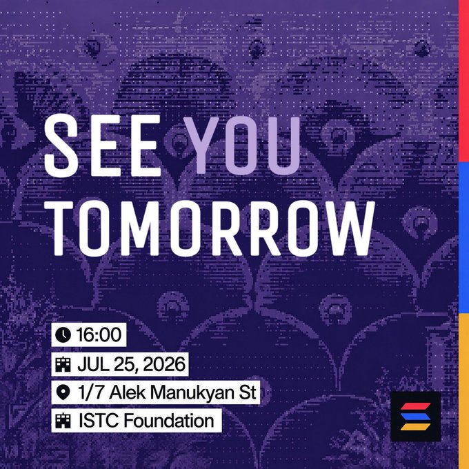 A purple event poster announces "SEE YOU TOMORROW" at 16:00 on July 25, 2026, at 1/7 Alek Manukyan St for the ISTC Foundation.